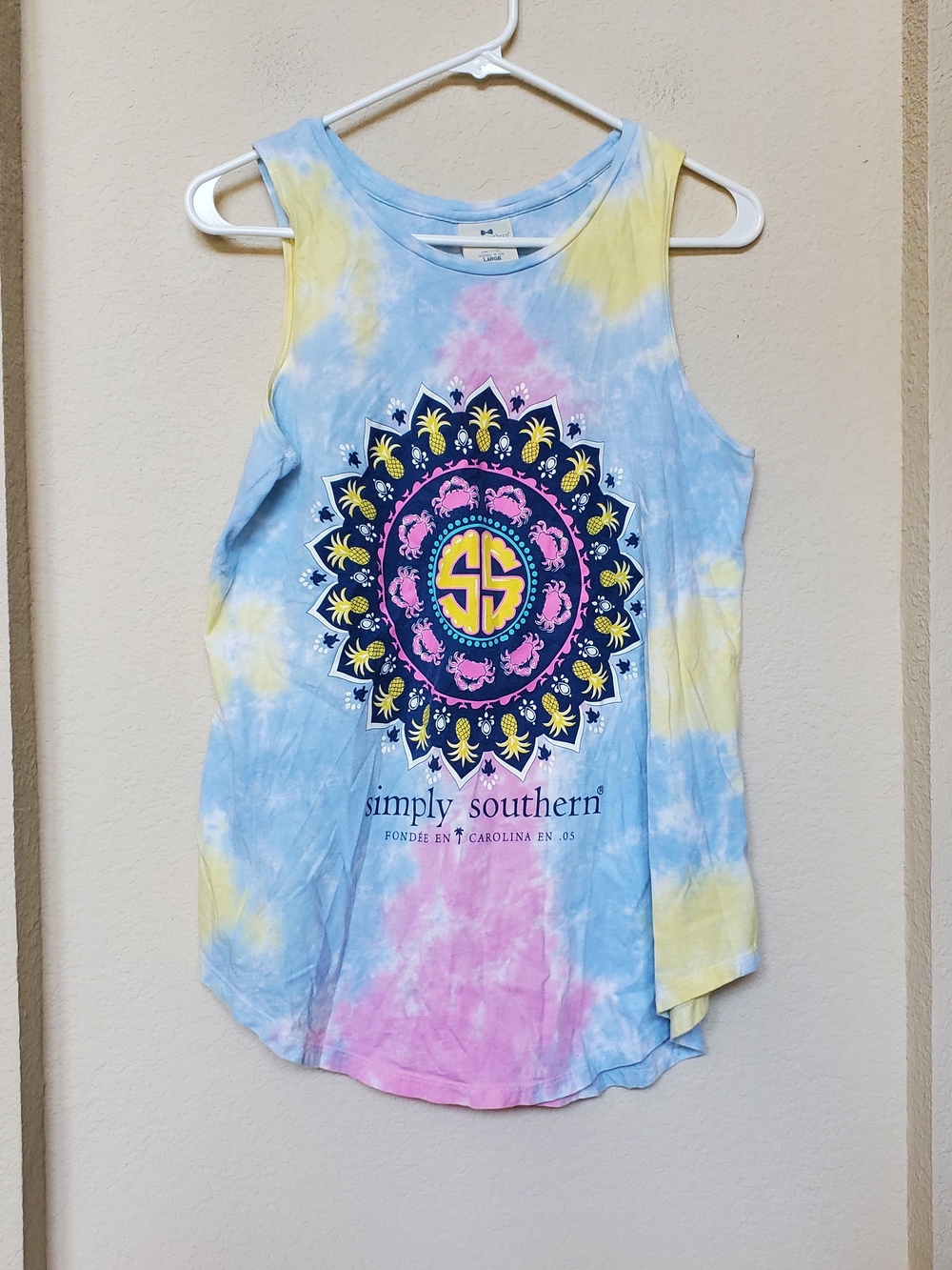 Simply Southern Pastel Tie-Dye Tank Top in Blue, Pink & Yellow.   Size Large